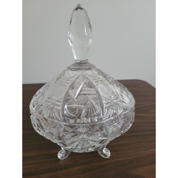 Vintage Crystal Oval Footed Candy Dish Bowl with Lid hobstar - Picture 1 of 11